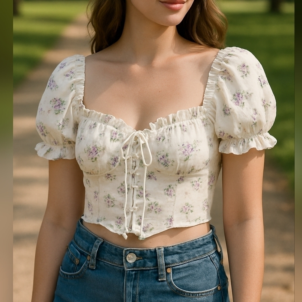 Floral Puff Sleeve Tie Front Blouse size: XS/2